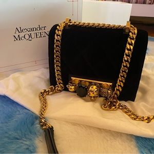 Alexander McQueen Black Velvet and Leather Bag with Skull Knuckles